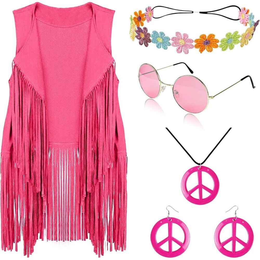 70s Hippie Costume Set for Women Fringe Vest Peace Sign Jewelry Accessories